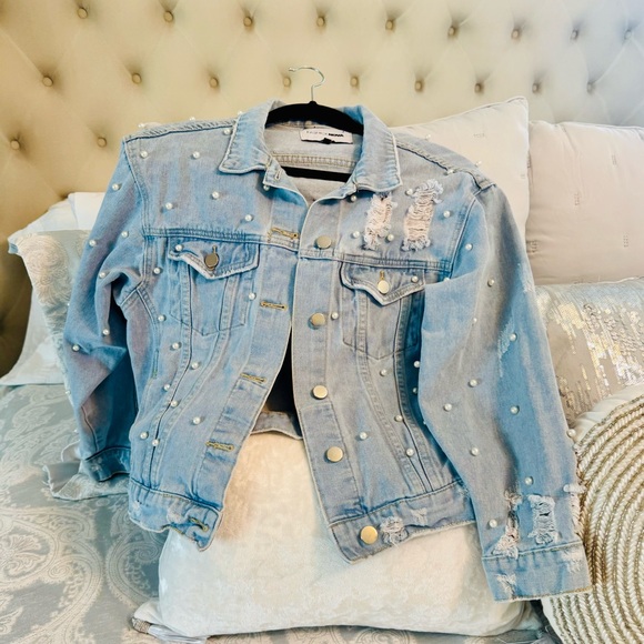 Fashion Nova Jackets & Blazers - Fashion Nova Light Blue Distressed Jean Jacket With Pearl Accents